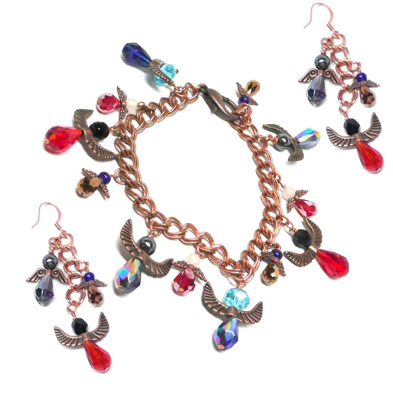Twelve Protection Angels Heavy Copper Chain Charm Bracelet and Matching Earrings Red Blue and Black